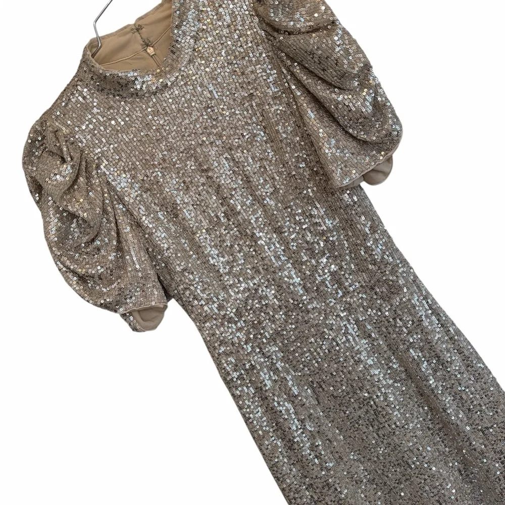 H&M Gold Sequin Midi Dress XS Stretch Puff Sleeve Party Cocktail Glam - Picture 7 of 12